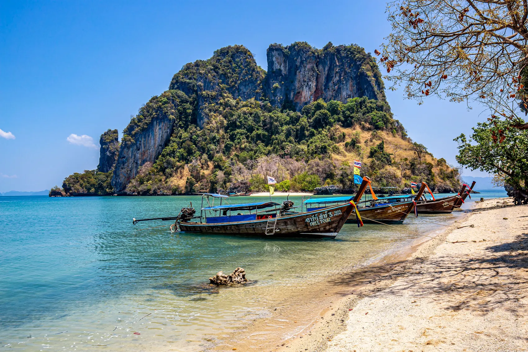 Long-tail boats beside limestone cliffs on a tropical beach in Thailand